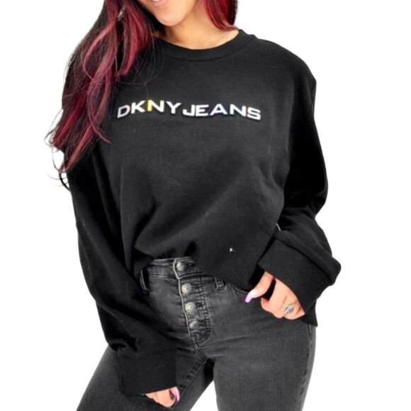 DKNY Black Embossed Iridescent Logo Crewneck Sweatshirt NWT XL - Picture 1 of 14